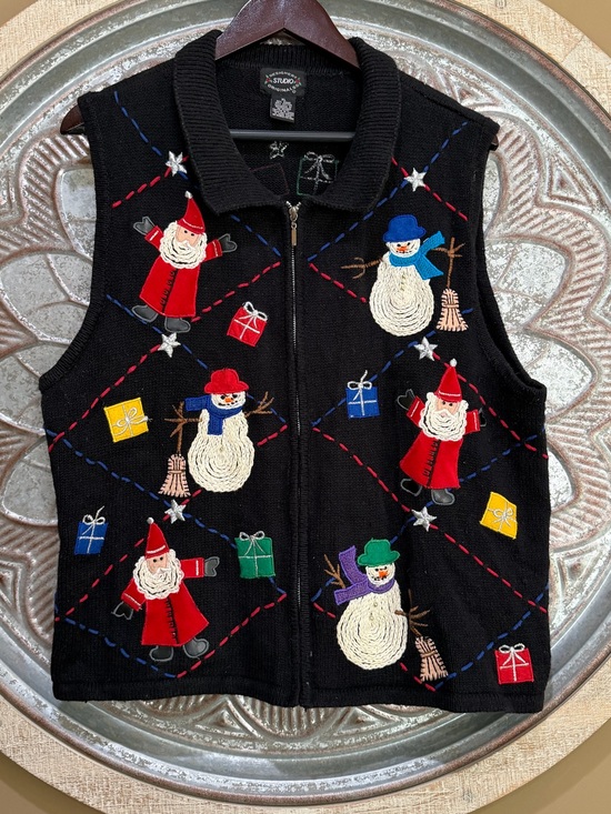 Designers Studio originals Sweaters - Vintage 90s Collectible Holiday Embroidered Zip-Front Vest - Ugly Sweater Santa